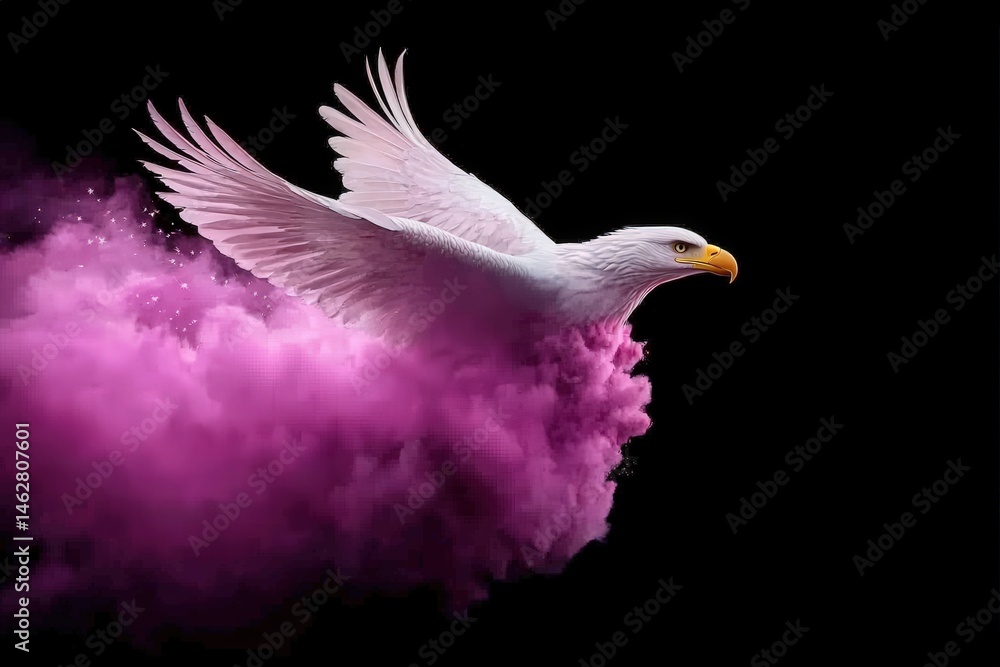 Obraz premium A majestic eagle with outstretched wings soars through vibrant pink smoke against a black background.