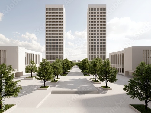 Modern twin high-rise buildings flank a tree-lined pedestrian plaza under a bright, partly cloudy sky.
