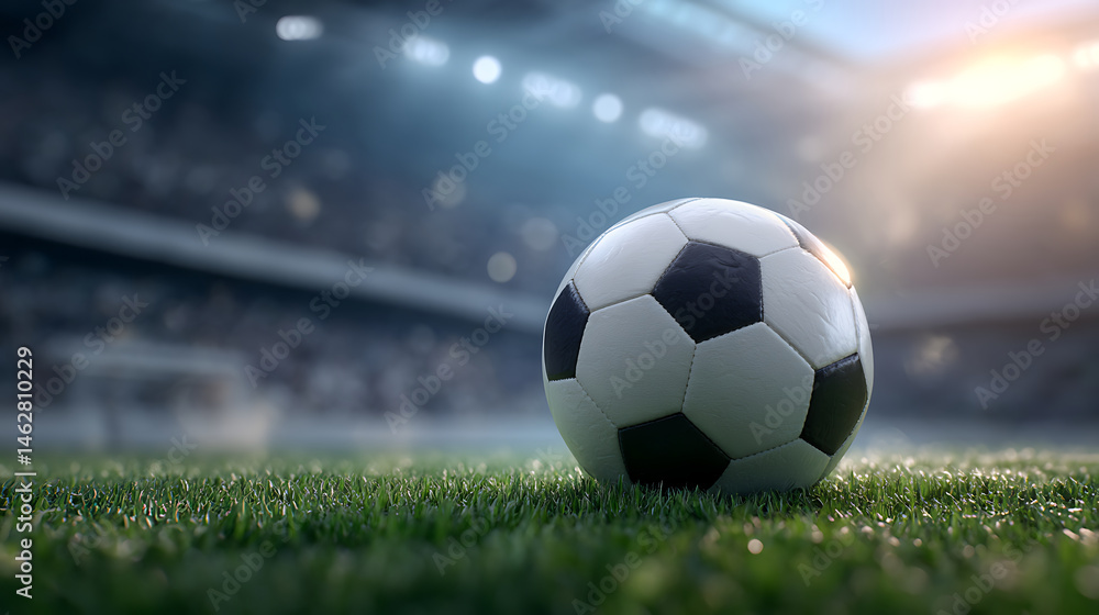 Obraz premium Professional soccer ball resting on artificial grass in stadium, illuminated by soft lighting, evokes excitement and anticipation for game ahead