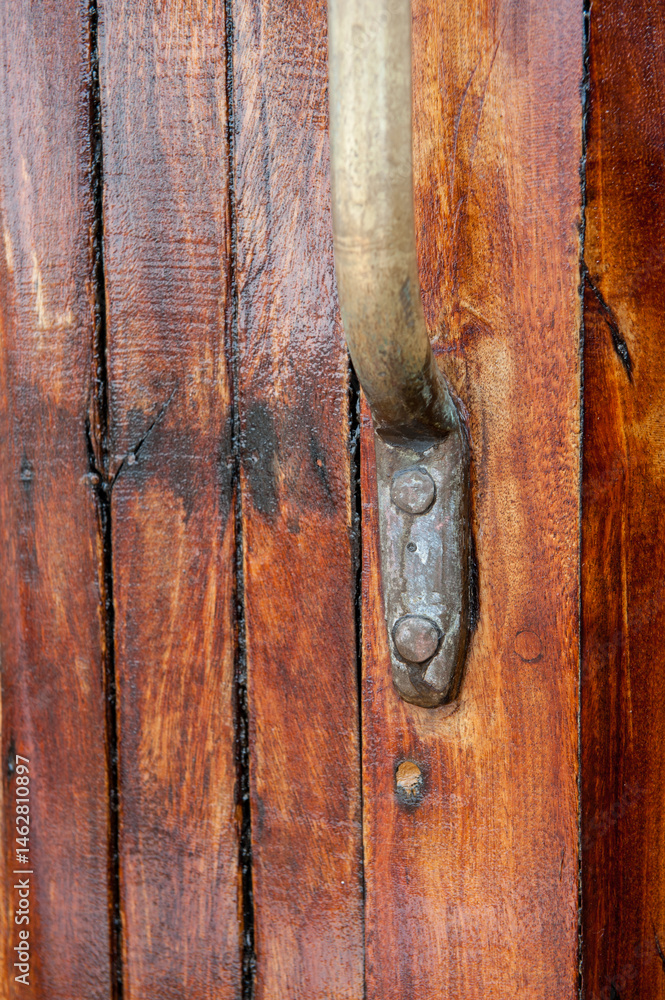 close-up of aged brass handle on varnished wooden surface.