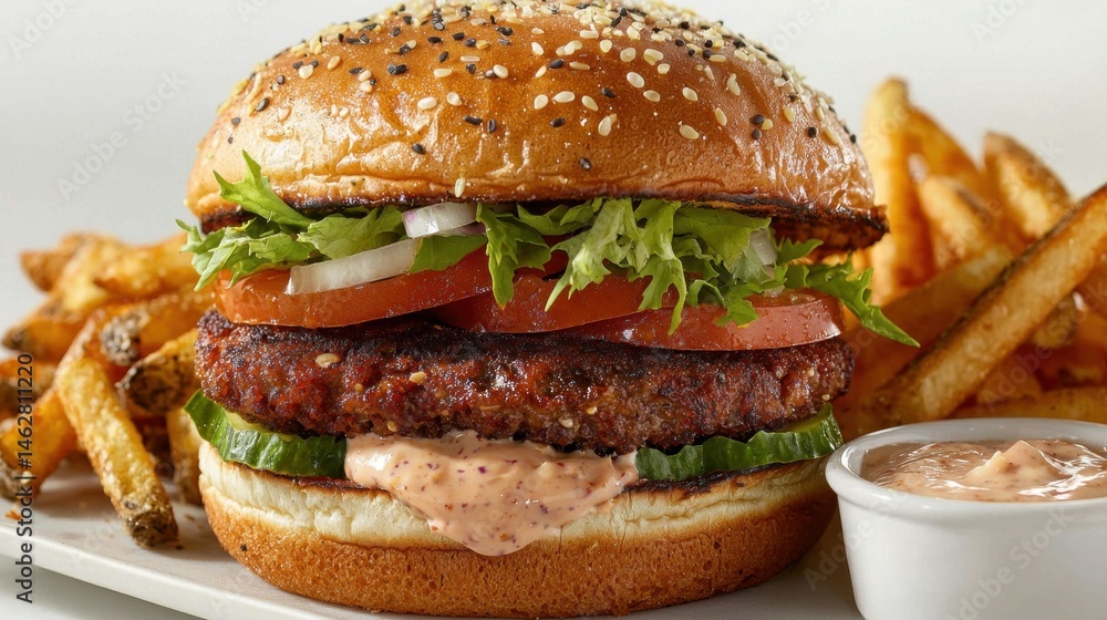 A burger with lettuce and tomatoes sits on a bun next to a side of fries A burger with lettuce and tomatoes sits on a bun next to a side of fries