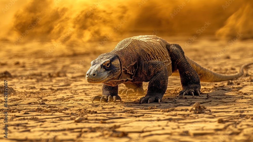 custom made wallpaper toronto digitalKomodo dragon walking on dry land, dust swirling. Wildlife photography for travel brochures