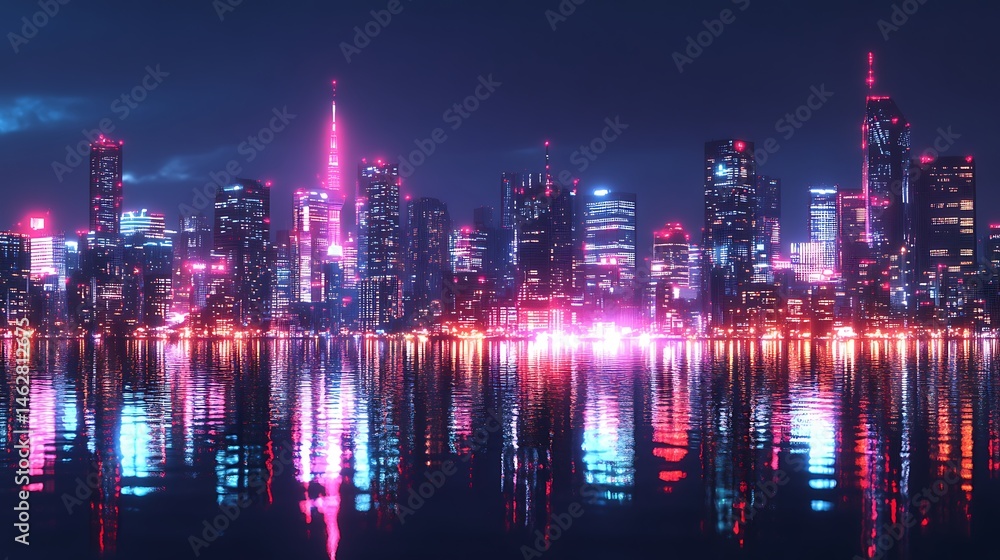 Fototapeta premium Calm waters mirroring skyline lights at night high resolution picture