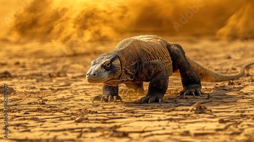 Wallpaper Mural Komodo dragon walking on dry land, dust swirling. Wildlife photography for travel brochures Torontodigital.ca