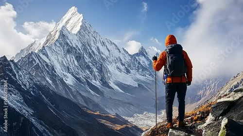 Hiker contemplating majestic mountain landscape, conquering peaks and finding serenity