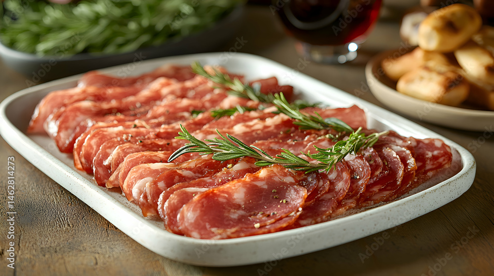 A plate of premium Jam?n Iberico, Iberian Ham thinly sliced, delicately arranged on a white porcelain plate, with a glass of red wine in the background A plate of premium Jam?n Iberico, Iberian Ham thinly sliced, delicately arranged on a white porcelain plate, with a glass of red wine in the background
