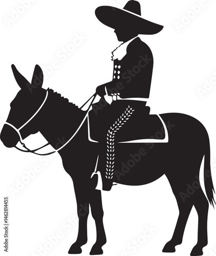 silhouette of a Mexican man with a sombrero riding a donkey. animal, silhouette,  spanish, sombrero, mariachi, rider, cowboy, vector, riding, horseback, man, equestrian, illustration, equine