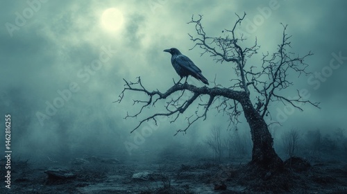 Lone crow on dead tree, misty night, Halloween