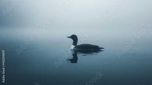 Loon swimming in foggy lake, serene nature scene, calm water, peaceful morning