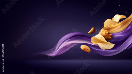 of snacks flying across space with glowing edges and color trails