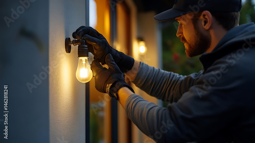 Man Installing a Light Bulb on an Outdoor Wall Fixture