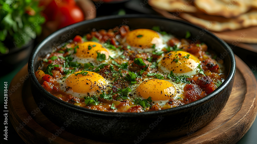 A rustic dish of Huevos a la Flamenca, Flamenco-Style Baked Eggs, with eggs baked in a rich tomato and chorizo sauce, served in a small clay pot A rustic dish of Huevos a la Flamenca, Flamenco-Style Baked Eggs, with eggs baked in a rich tomato and chorizo sauce, served in a small clay pot