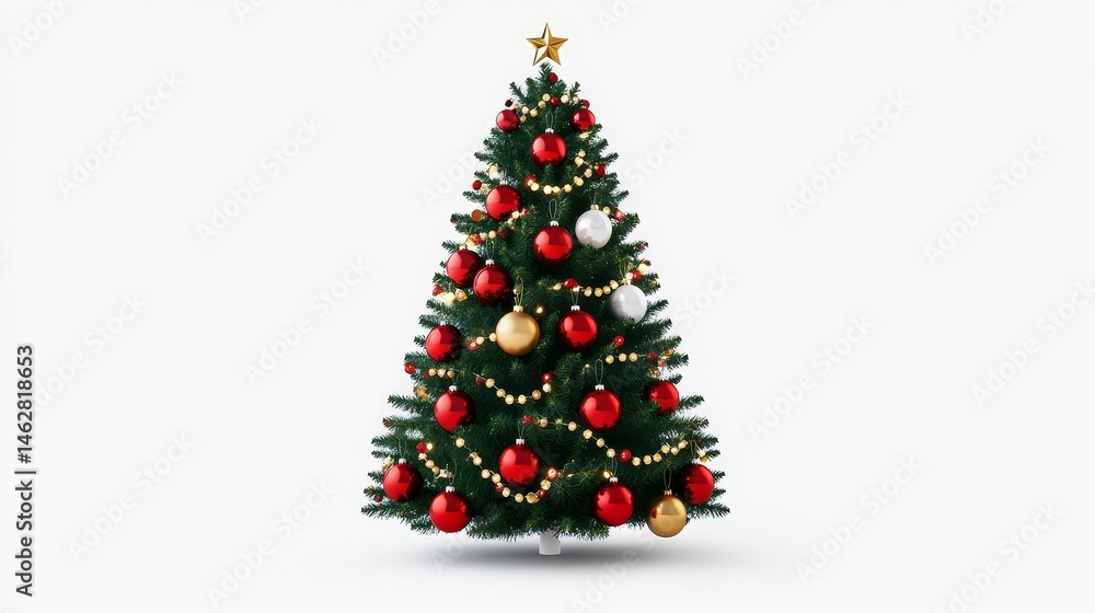Fototapeta premium Festive Christmas Tree Decor - A beautifully decorated Christmas tree with red, gold, and white ornaments against a white background. Perfect for holiday cards and marketing materials