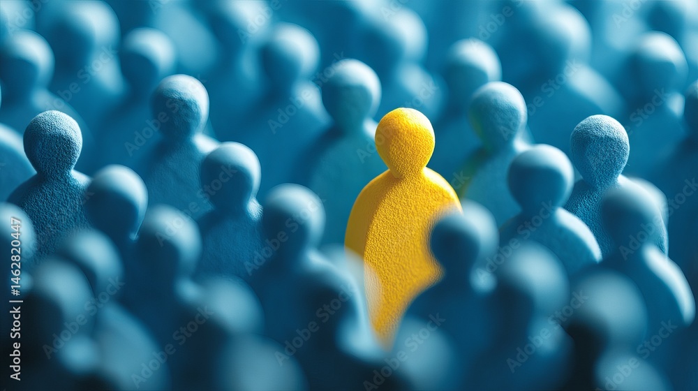 Obraz premium Unique Yellow Figure Among Blue Crowd Abstract Concept Business Success Leadership Individuality Standout Person Teamwork People Group 3D 