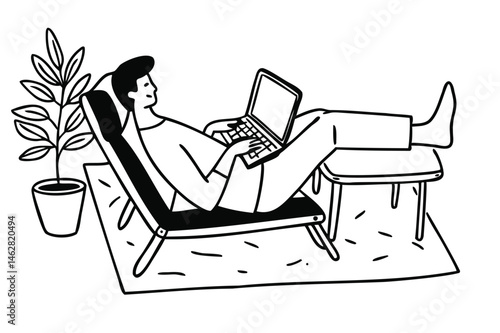 Casual freelancer lounging on a sofa with a laptop, flat vector illustration style