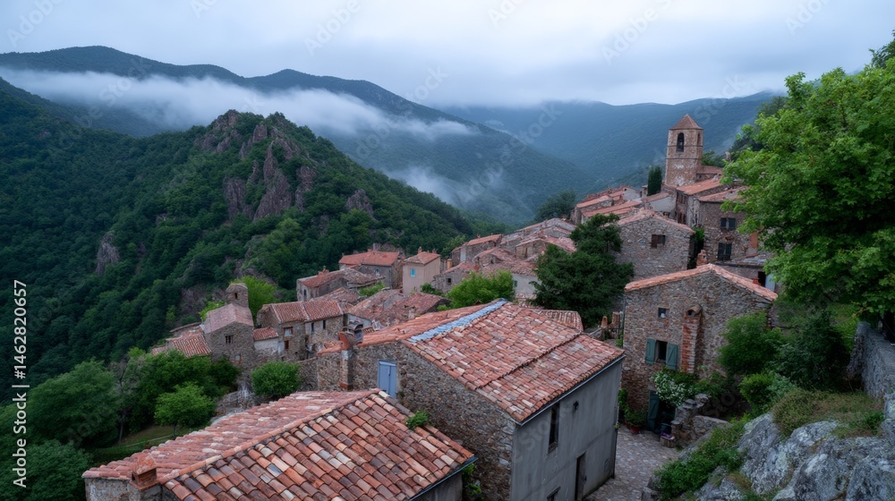Fototapeta premium Panoramic view of ancient hilltop village overlooking misty mountains