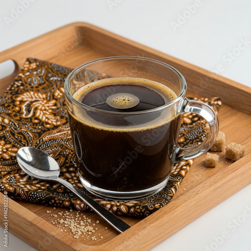 Kopi Tubruk Indonesian Coffee A clear glass mug filled with thick black coffee and fine grounds settled at the bottom. It sits on a wooden tray with a batik-patterned cloth underneath. A spoon rests b