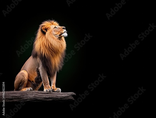 Majestic lion on a log, looking upwards