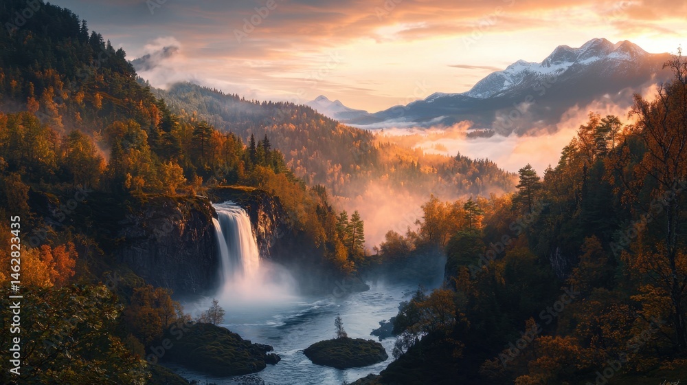 Fototapeta premium A waterfall is flowing into a river in a forest