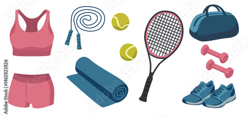 Tennis equipment and fitness essentials for an active lifestyle. Vector set