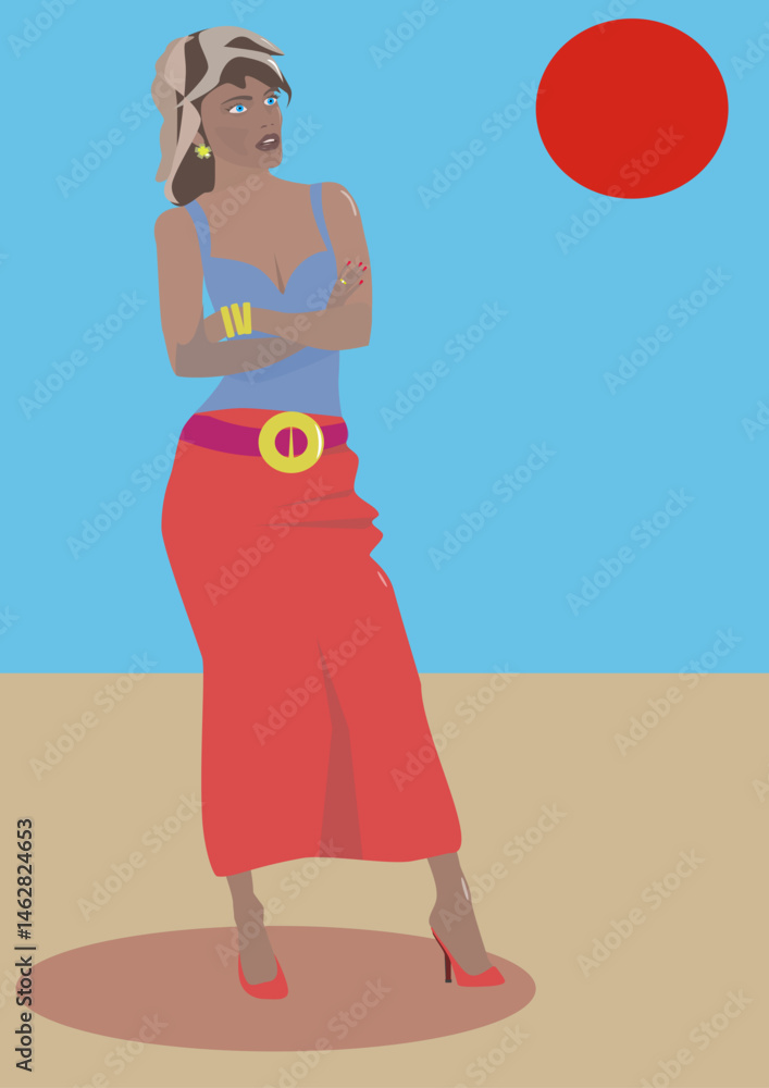 Beautiful African American girl on the beach. Vector illustration in flat style.