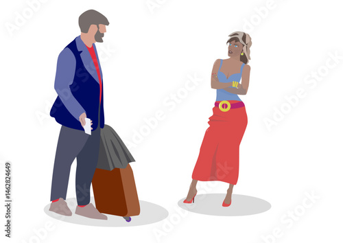 Obraz na płótnie Young man and woman with suitcases. Vector illustration in flat style w salonie