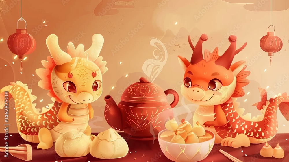 Fototapeta premium Chinese Dragon Boat Festival poster with dragon zongzi mascots teapot and steamer