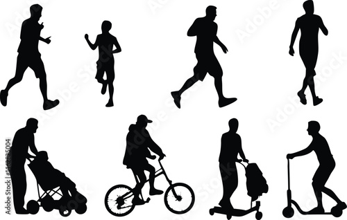 silhouettes of people in various activities including running, walking, pushing a stroller, riding a bike and using scooters representing urban mobility and active lifestyles	