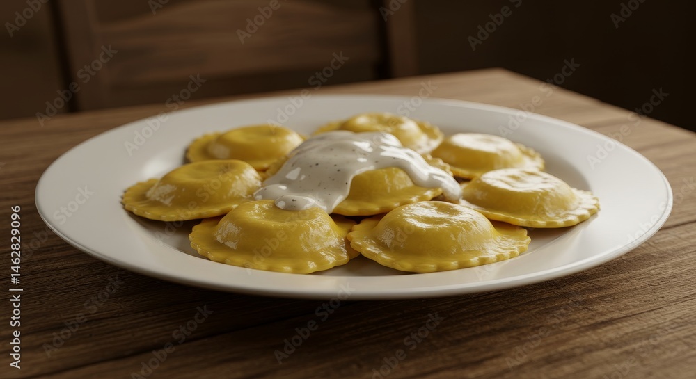 Delicious Ravioli with Creamy Sauce - A plate of golden ravioli topped with a creamy white sauce. Perfect for a restaurant menu or food blog Delicious Ravioli with Creamy Sauce - A plate of golden ravioli topped with a creamy white sauce. Perfect for a restaurant menu or food blog