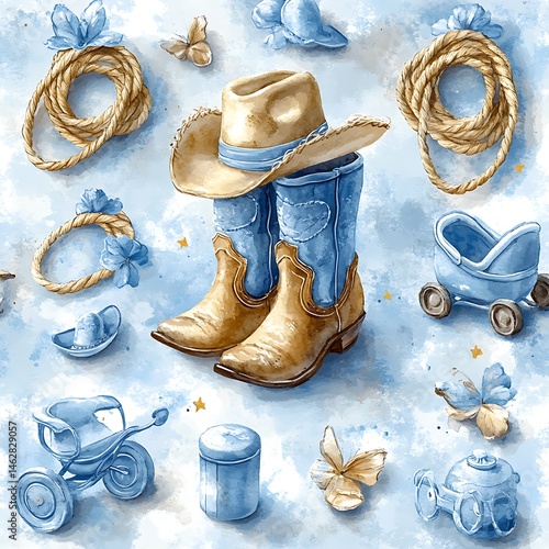 Watercolor Cowboy Baby Shower Seamless Pattern Background High Resolution Images