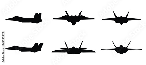 Fighter Jet Silhouettes Set Military Aircraft Design Graphic Vector Illustration
