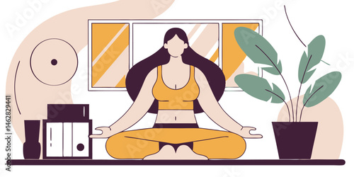 woman sitting crosslegged, meditating in office, desktop computer, plant, geometric shapes, vibrant colors, digital art style, minimalist

