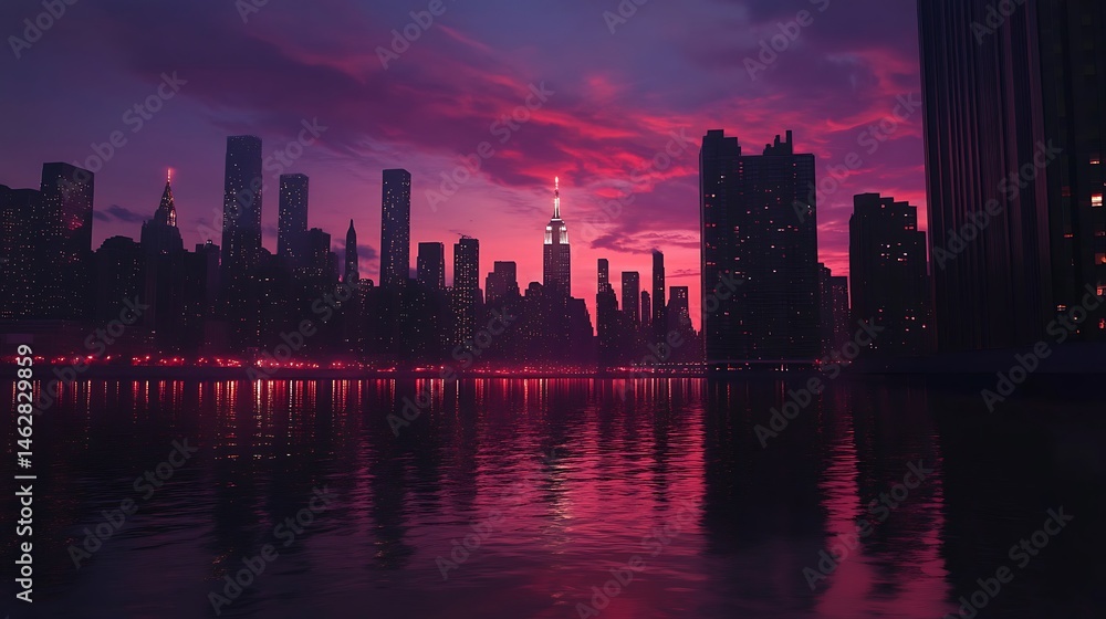 Fototapeta premium Sunset cityscape with vibrant water reflections view high resolution picture