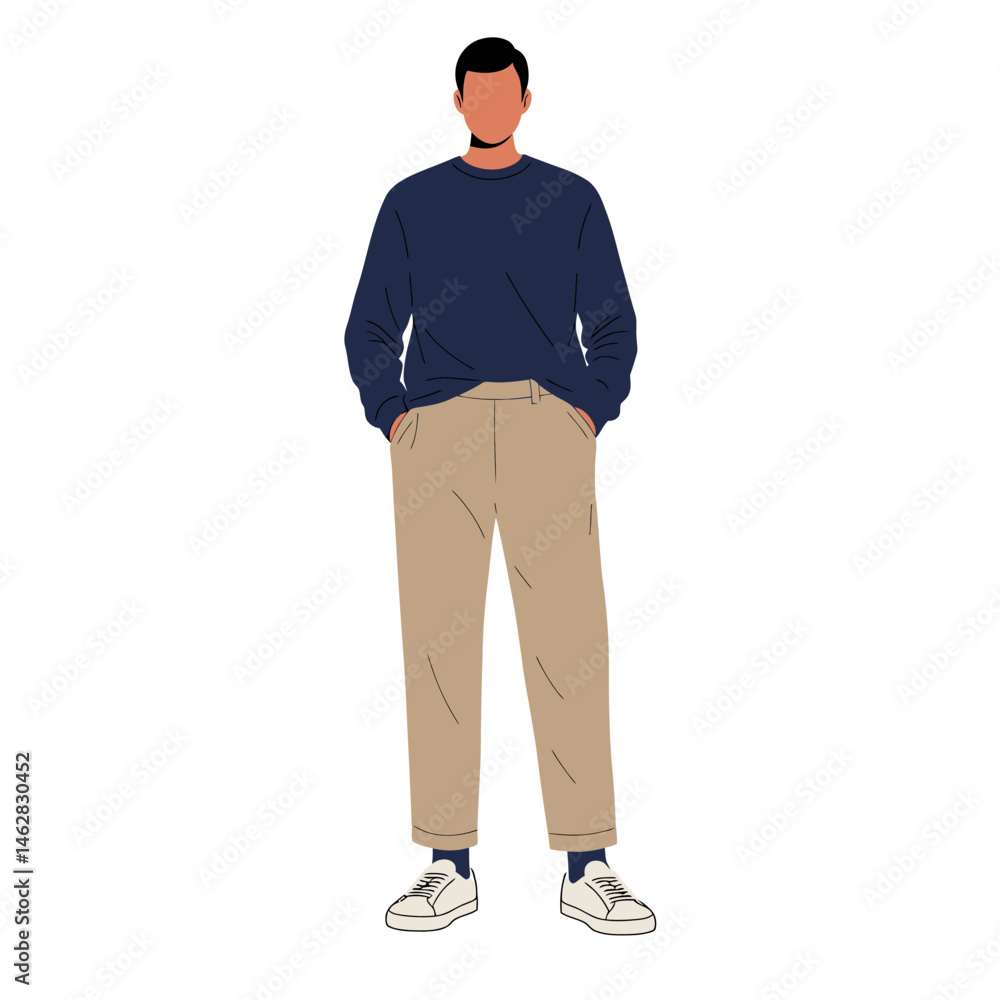 Obraz premium A fashion illustration showcases a man in a stylish navy sweater and beige pants. Clean lines and a minimalist design highlight the casual yet modern outfit. The comfortable look is perfect for fall.