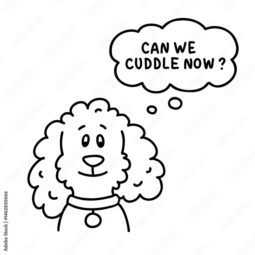 Cute poodle vector illustration. Hand-drawn funny little dog in doodle style, black and white outline with text in a speech bubble. Perfect for design projects, stickers, or children's content. Cute poodle vector illustration. Hand-drawn funny little dog in doodle style, black and white outline with text in a speech bubble. Perfect for design projects, stickers, or children's content.