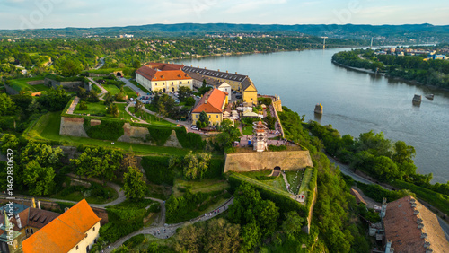 Novi Sad, Serbia, captured from the air with a stunning view of the Petrovaradin Fortress and the Sava River. A perfect blend of history, architecture, and natural beauty