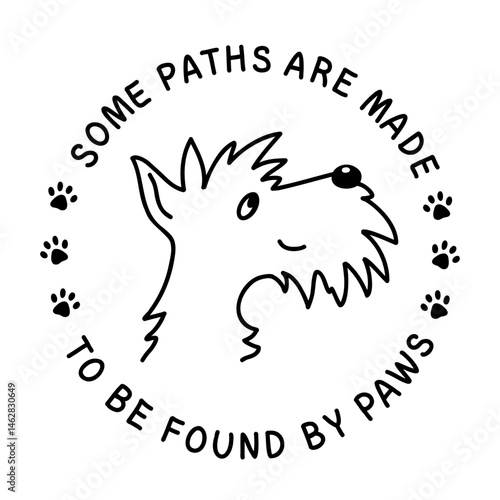 Scottish terrier head in a circle text frame. Black and white doodle illustration of a bearded dog with happy face. Perfect for kids’ designs, stationery, stickers, and pet-themed prints.