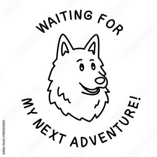Cute husky with friendly look. Black and white doodle vector illustration with text. Hand drawn in a minimalistic, cartoonish line art style. Perfect for pet-themed designs, prints, and stickers