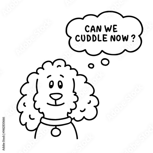 Cute poodle vector illustration. Hand-drawn funny little dog in doodle style, black and white outline with text in a speech bubble. Perfect for design projects, stickers, or children's content.