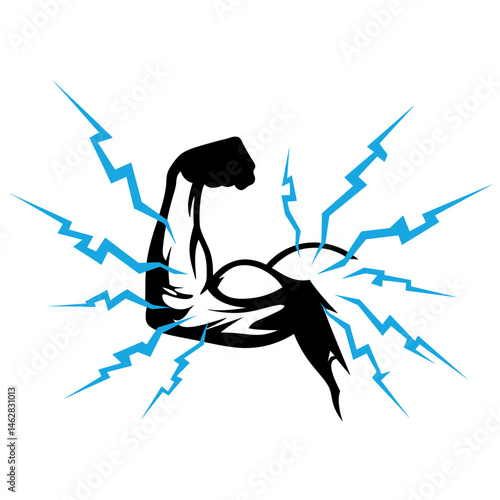 muscular figure, bold black silhouette, dynamic pose with lightning bolts, powerful energy, grunge style, digital artwork, stark contrast, intense emotion
