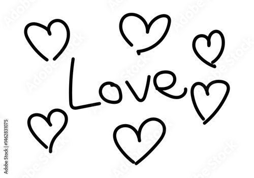 Palabra amor con corazones hecho de trazo de pincel negro