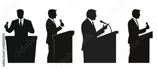 Four Silhouettes of Speakers Delivering Speeches at Podiums