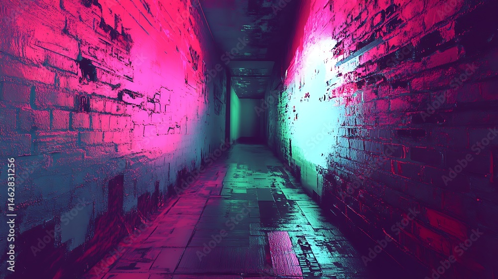 Fototapeta premium Neon glowing brick corridor