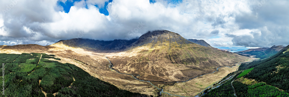 Fairy Pools and Waterfalls from a drone, Glen Brittle, Black Cuillin, Isle of Skye, Scotland, England