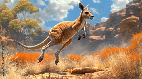 Red Kangaroo leaping, outback Australia, arid landscape