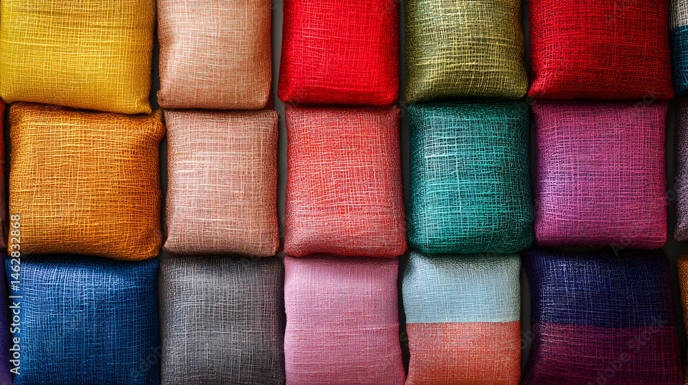 Colorful square cushions arranged in a grid pattern creating a vibrant textile display. Colorful square cushions arranged in a grid pattern creating a vibrant textile display.