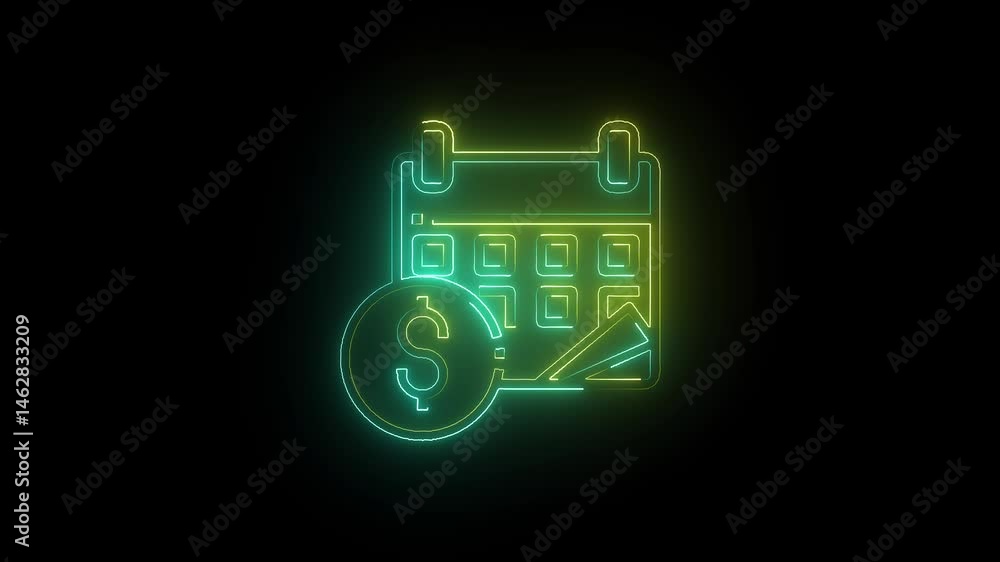 Glowing neon calendar icon with dollar isolated on black background. Glowing neon calendar icon with dollar isolated on black background.
