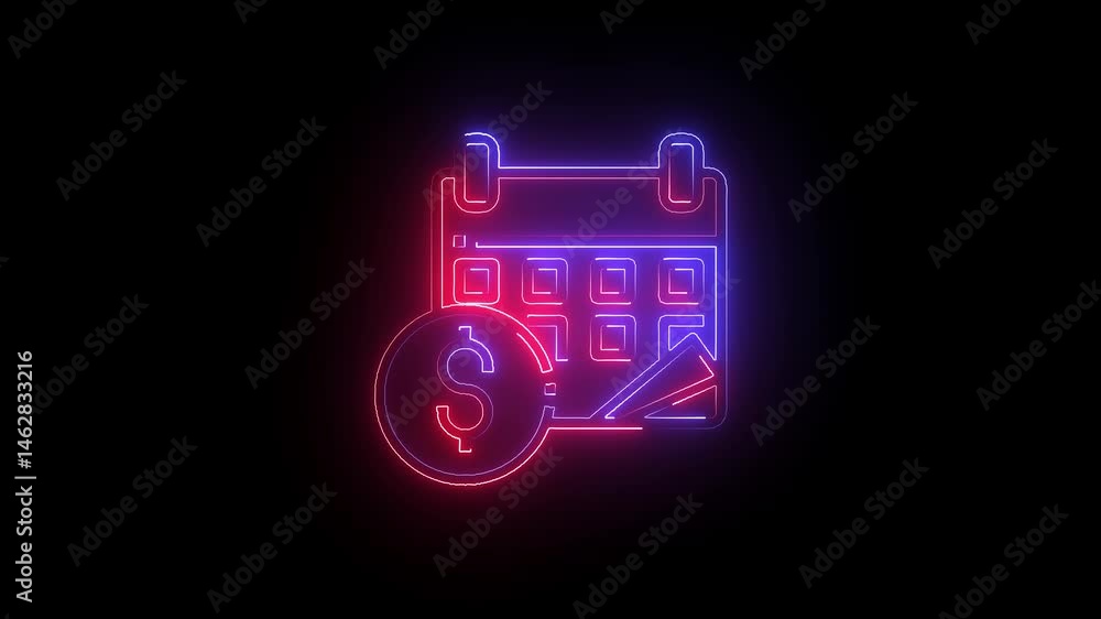 Glowing neon calendar icon with dollar isolated on black background. Glowing neon calendar icon with dollar isolated on black background.