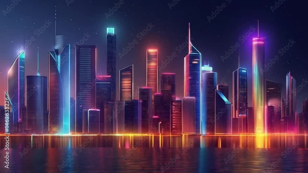 Futuristic cityscape illuminated by neon lights reflecting over water. Futuristic cityscape illuminated by neon lights reflecting over water.