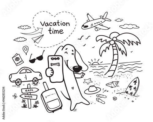 A funny Dachshund dog taking selfies. Vacation doodle set